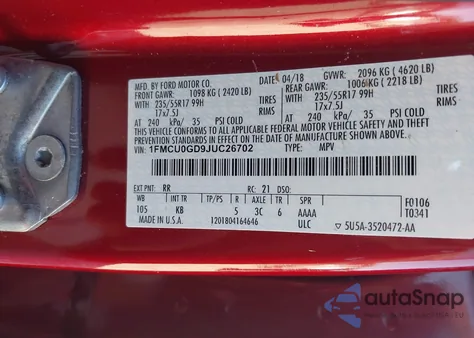 2018 Ford Escape Se из США, поврежденный, VIN 1FMCU0GD9JUC26702